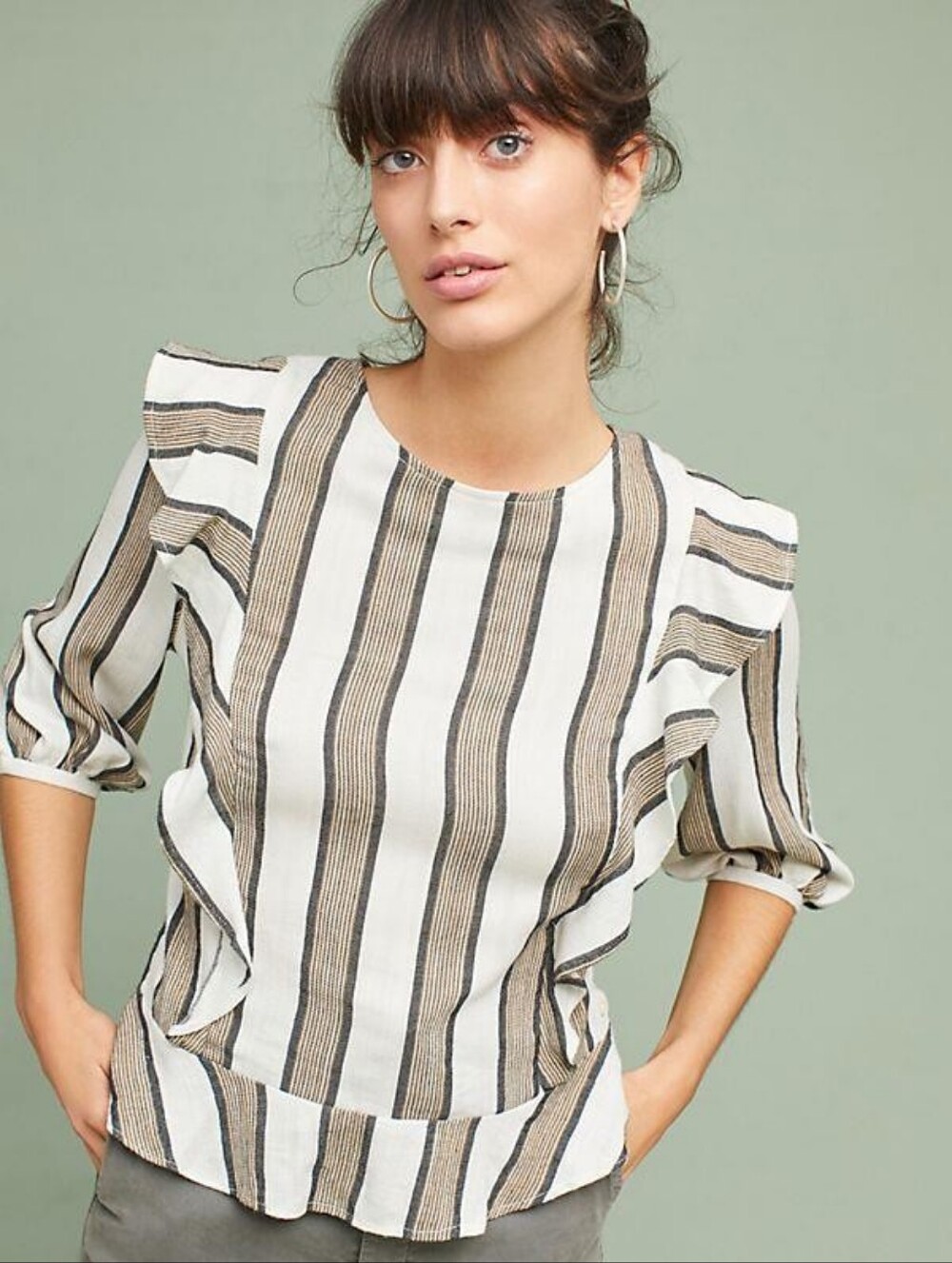 Anthropologie Isabella Sinclair Johanna Stripe Ruffle-Shoulder Blouse Size Xs